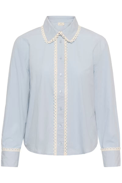 Kaffe Kaketty Light Blue Fog scalloped lace trim shirt product front view