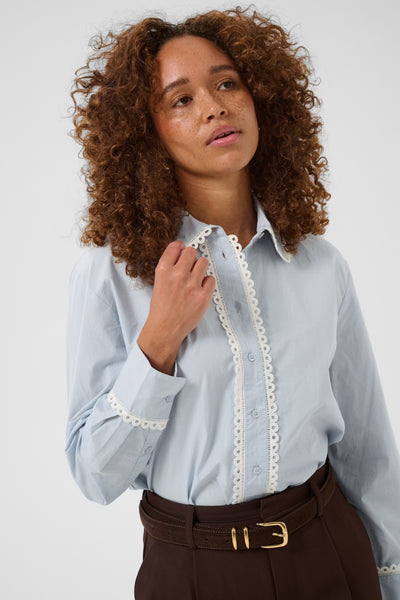 Kaffe Kaketty light blue button-up shirt collar and scalloped lace trim close-up