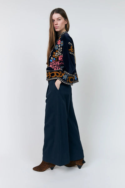 Side view of Lollys Laundry Amby navy floral embroidered jacket