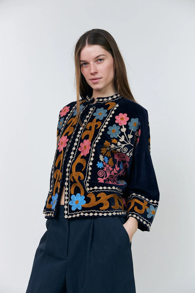 Close-up of Lollys Laundry Amby navy Aari jacket colourful floral embroidery