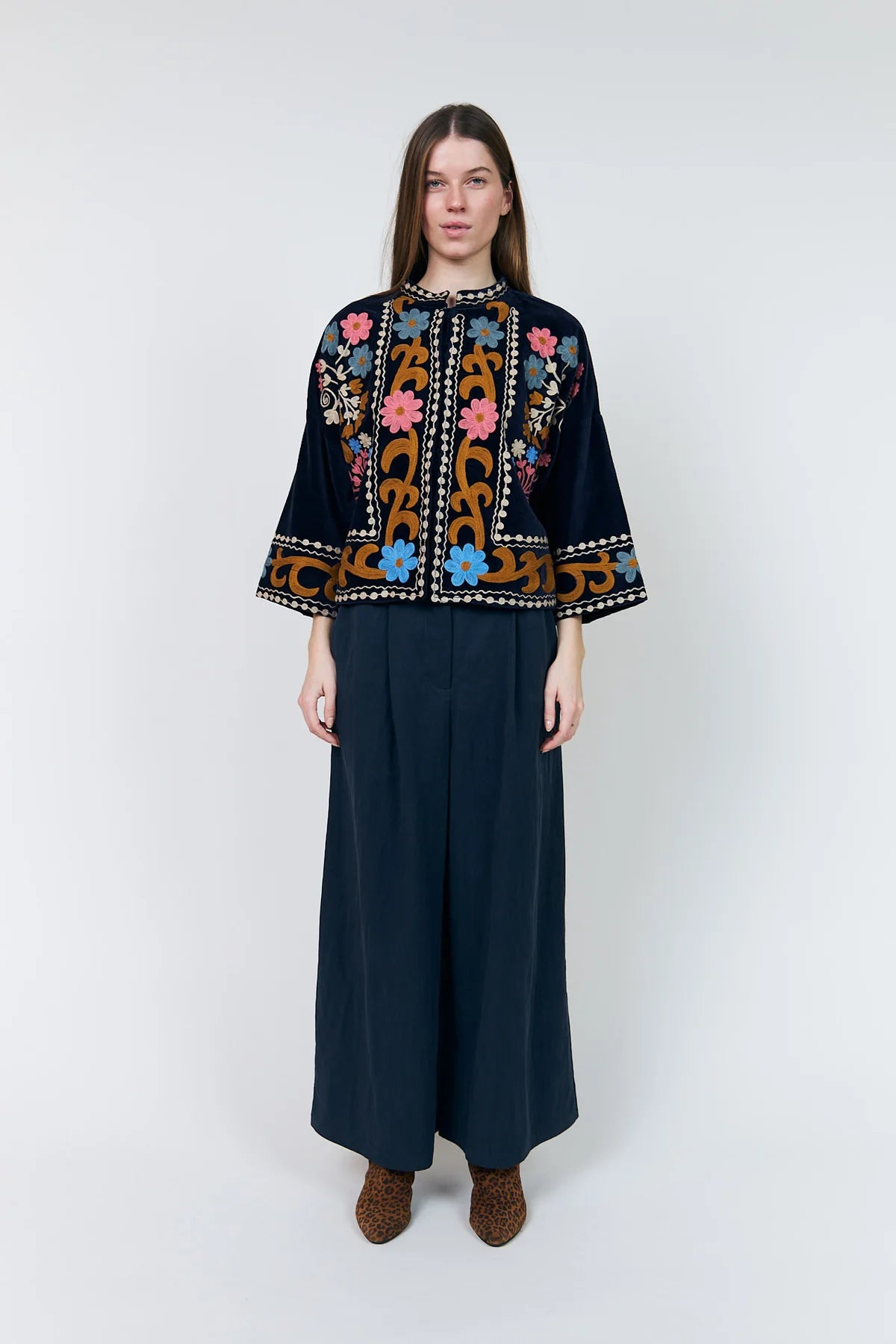 Lollys Laundry Amby navy Aari embroidered jacket full front view