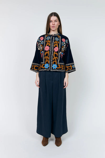 Lollys Laundry Amby navy Aari embroidered jacket full front view
