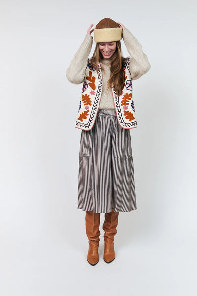 Lollys Laundry Honey cream Suzani embroidered vest styled with knitwear front view
