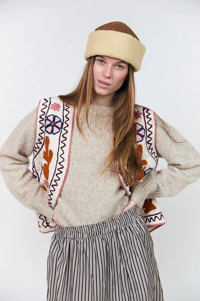 Lollys Laundry Honey cream embroidered vest styled with a pleated midi skirt