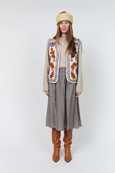 Full-length front view of Lollys Laundry Honey Suzani-style embroidered gilet