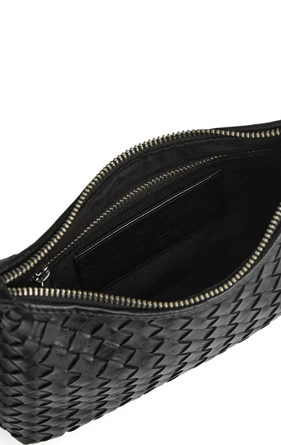 Close-up of Markberg Avenya black woven leather bag zipped interior