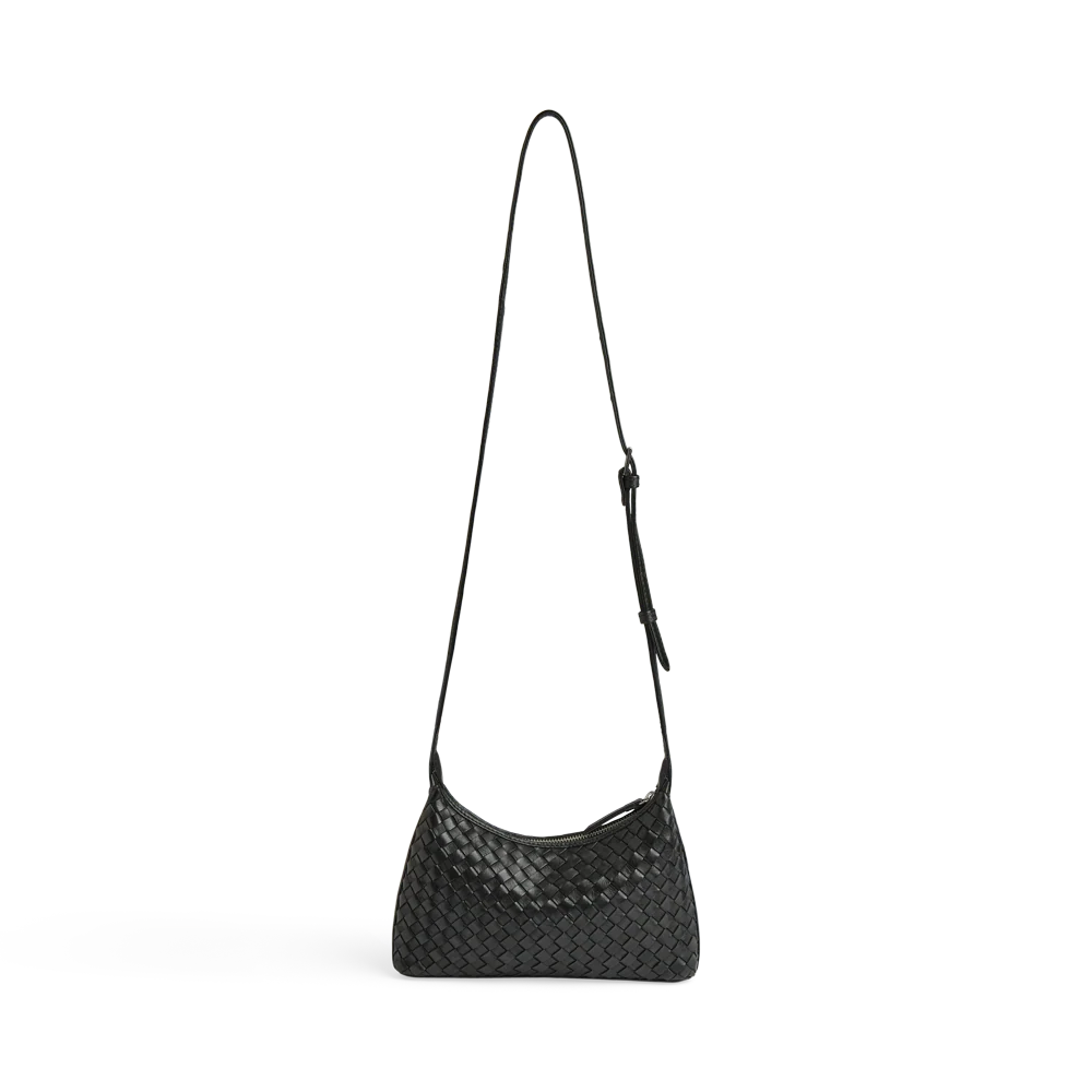 Markberg Avenya women’s black woven leather crossbody bag front view