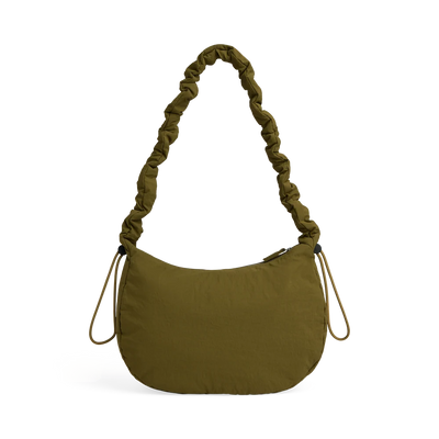 Markberg Ground Ivy Green recycled bag side profile with drawstring detail