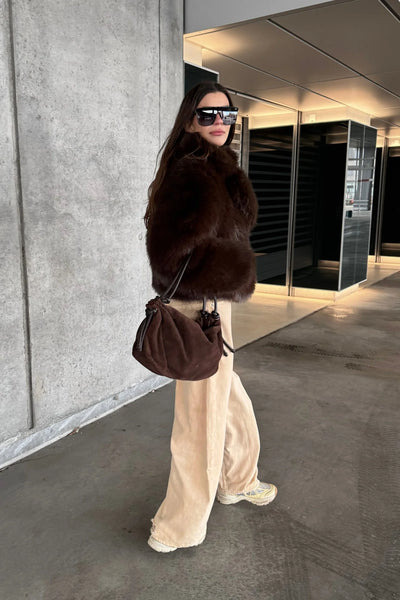 Markberg Reign brown suede shoulder bag styled with winter outfit