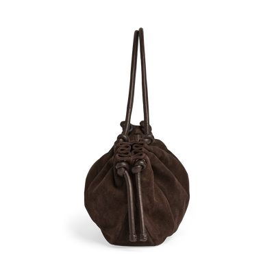 Markberg Reign brown suede shoulder bag side view with knot detail