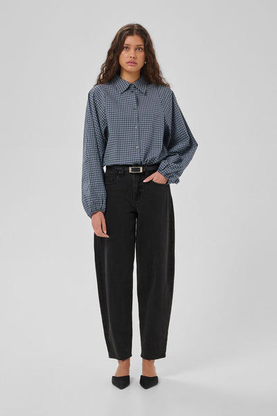 My Essential Wardrobe Baloo dark grey barrel leg jeans styled front view