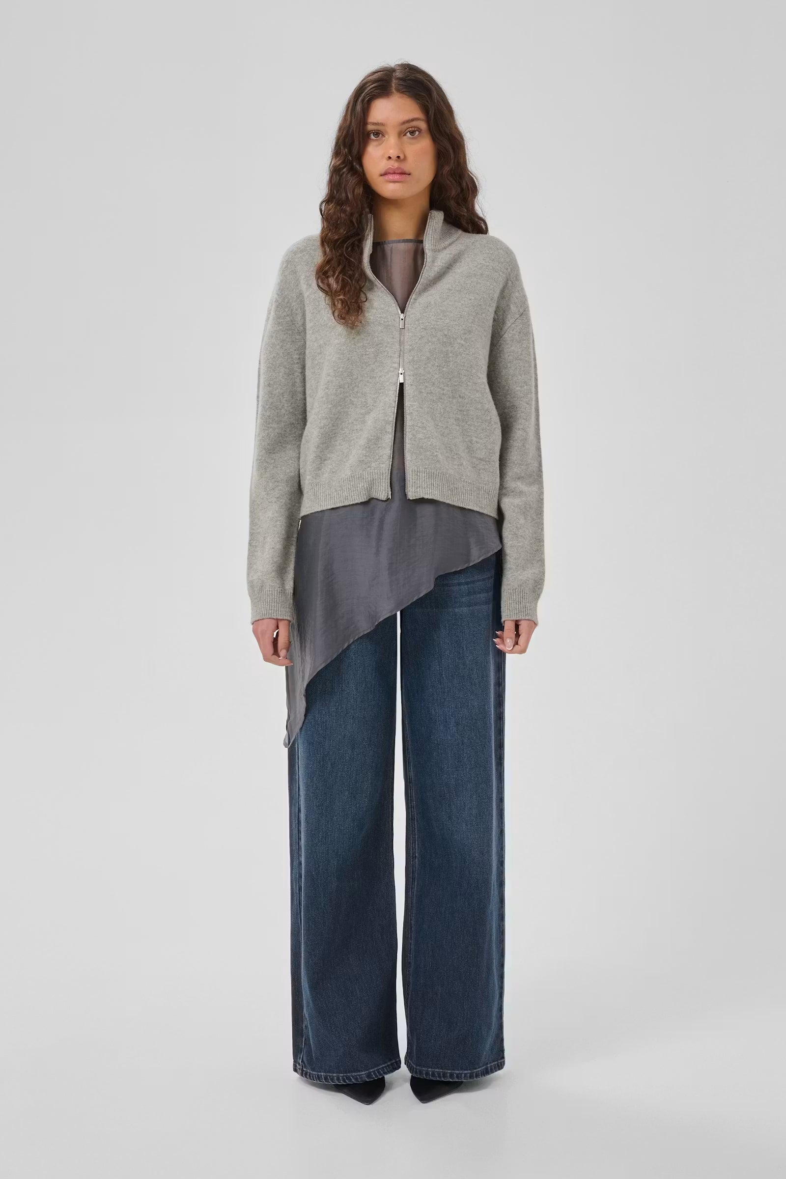 My Essential Wardrobe Tracy light grey zip-up knit cardigan styled front view
