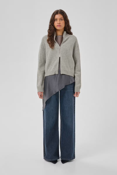 My Essential Wardrobe Tracy light grey zip-up knit cardigan styled front view