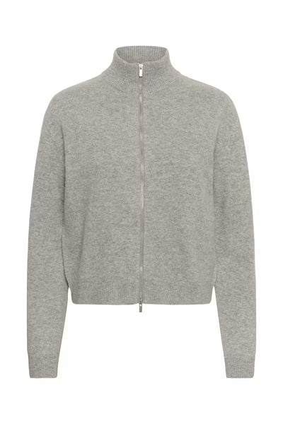 My Essential Wardrobe Tracy light grey high neck cardigan product front view