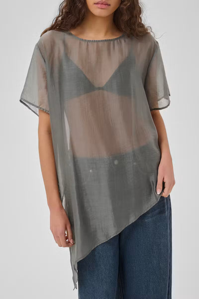 Close-up of My Essential Wardrobe Smilla grey sheer top asymmetric dipped hem