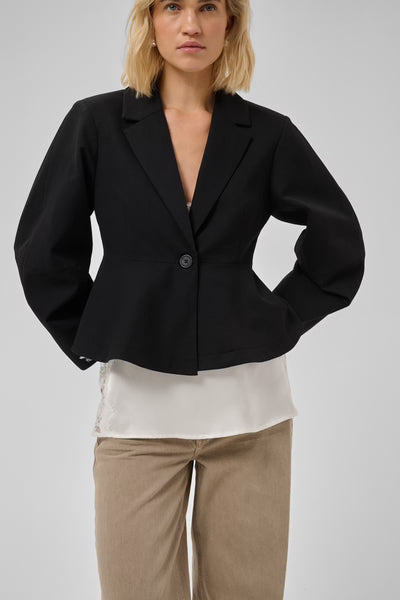 My Essential Wardrobe Evie black peplum blazer styled front view
