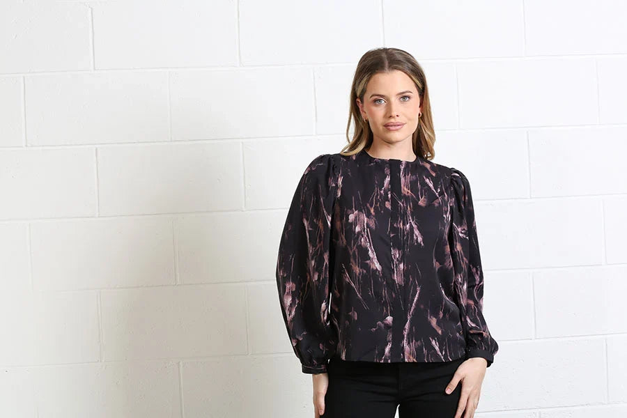 Rant & Rave Naomi black and mauve abstract print balloon sleeve blouse front view