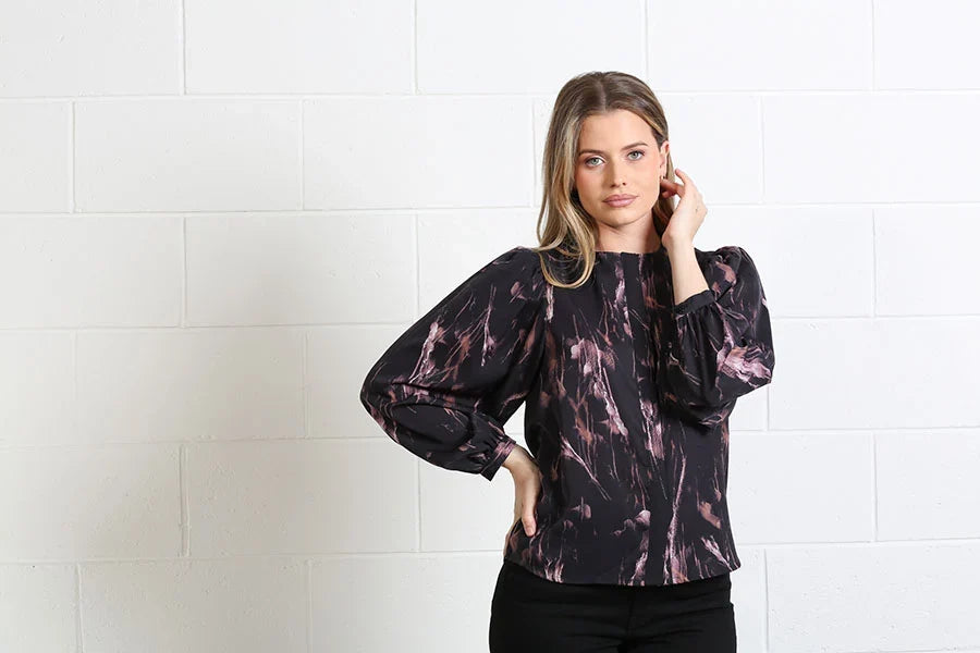 Rant & Rave Naomi black and pink balloon sleeve blouse front view