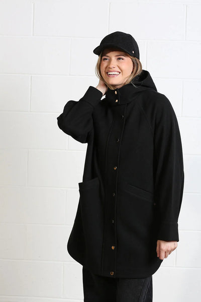 Rant & Rave Joanna black mid-length coat with oversized hood