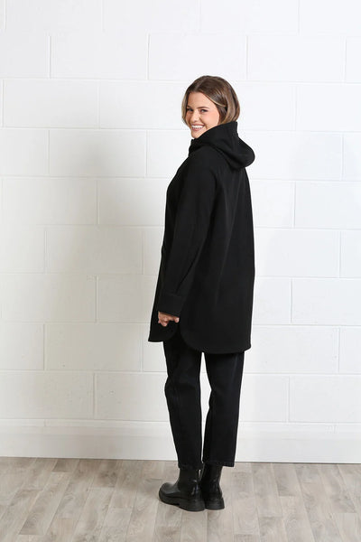Side view of Rant & Rave Joanna black hooded autumn coat