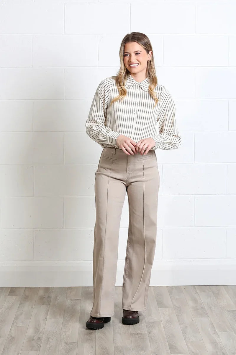 Rant & Rave Stella pinstripe blouse styled with neutral tailored trousers
