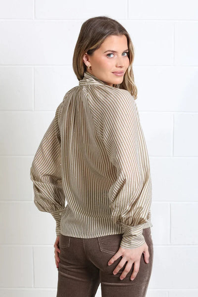 Back view of Rant & Rave Natalia coffee pinstripe long sleeve blouse