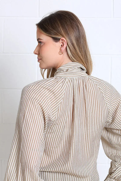 Rant & Rave Natalia light coffee pinstripe bow tie blouse back view