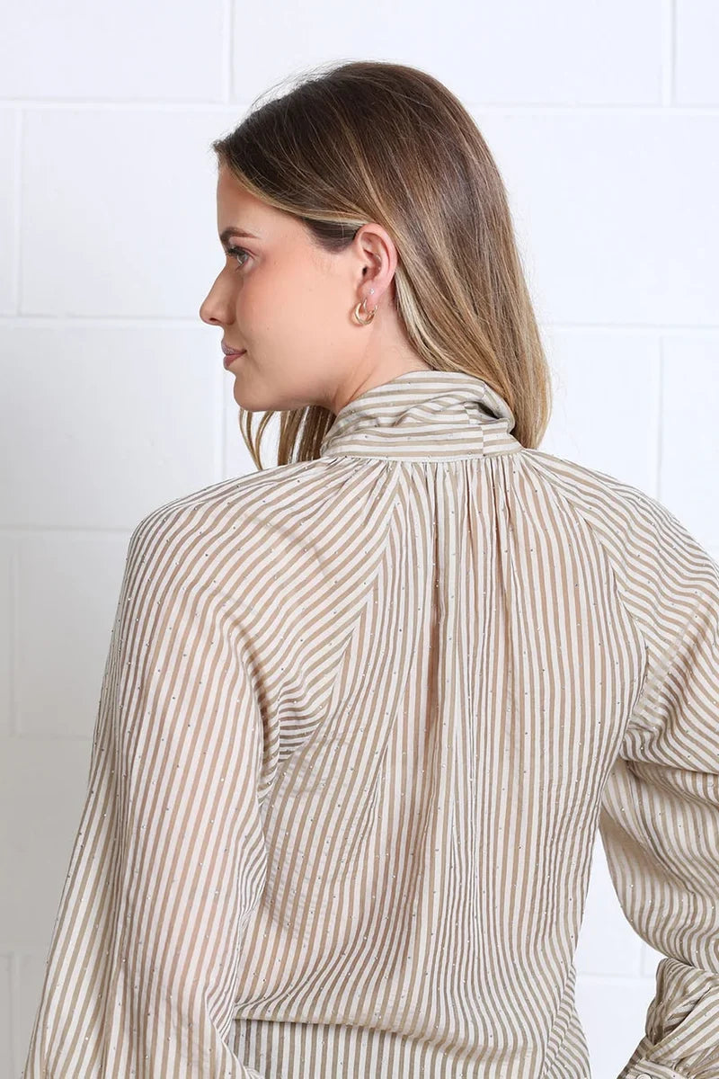 Rant & Rave Natalia light coffee pinstripe bow tie blouse back view