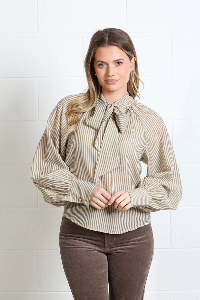 Rant & Rave Natalia light coffee pinstripe bow tie blouse front view