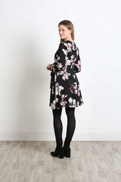 Side view of Rant & Rave Grace black floral long sleeve dress