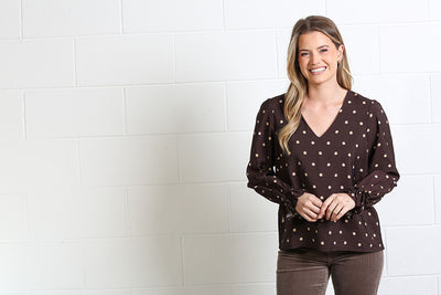 Rant & Rave Sophia chocolate brown polka dot V-neck blouse front view