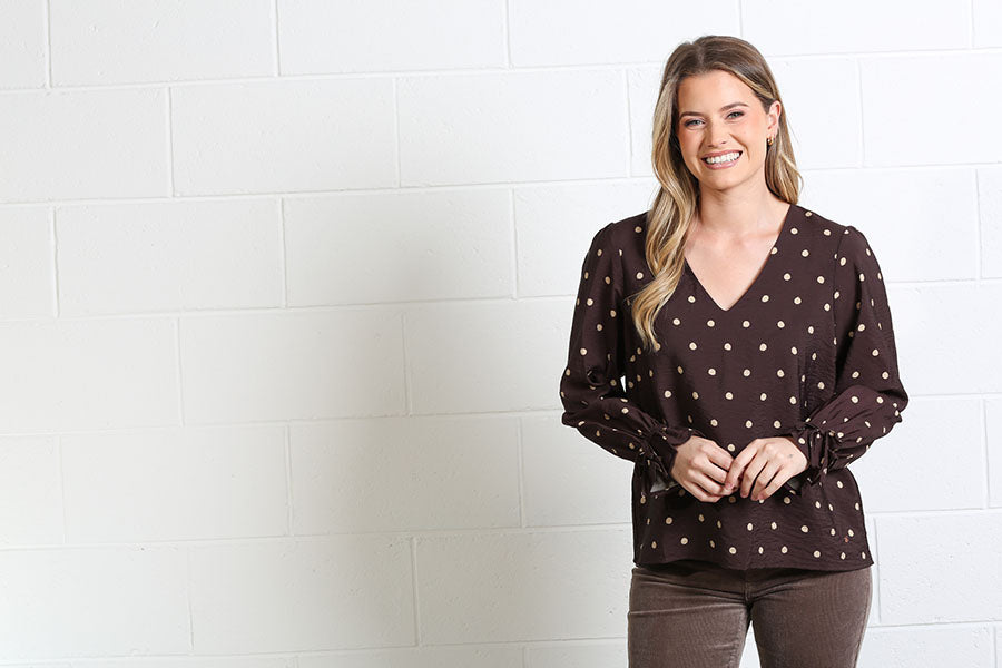 Rant & Rave Sophia chocolate brown polka dot V-neck blouse front view