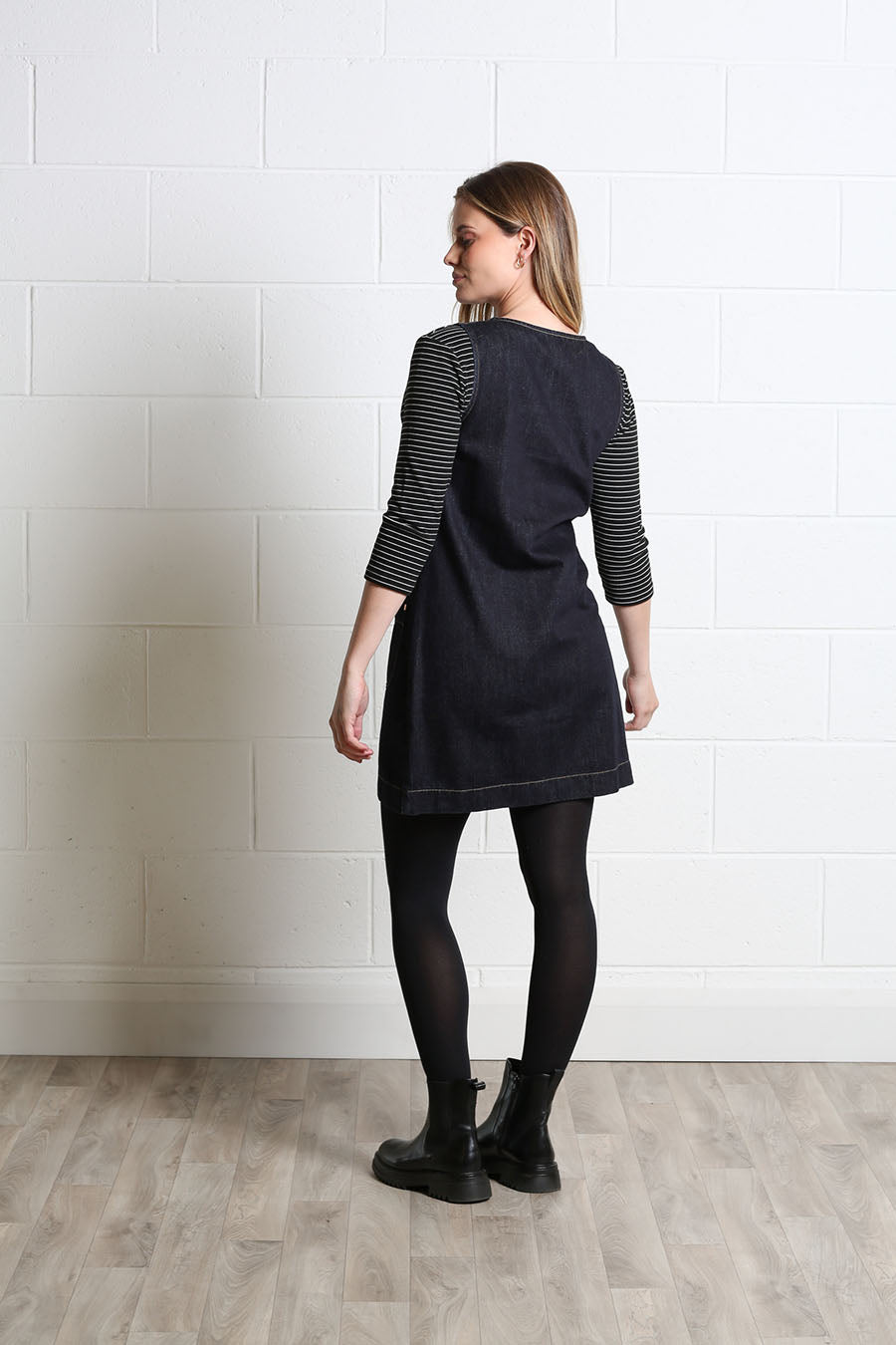 Back view of Rant & Rave Helena dark indigo denim pinafore dress