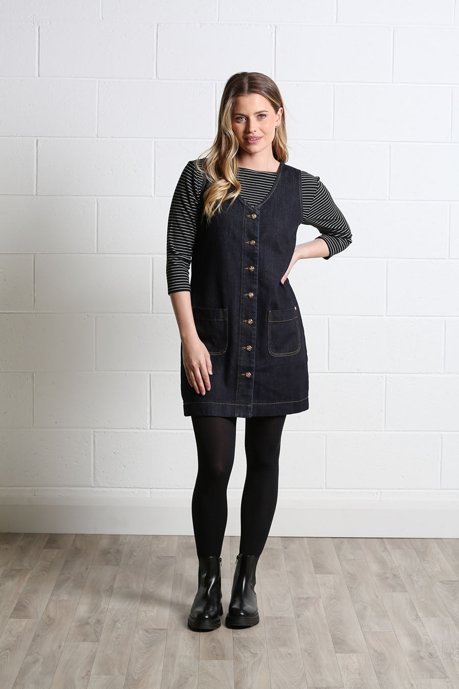 Rant & Rave Helena dark indigo denim pinafore dress layered over striped top