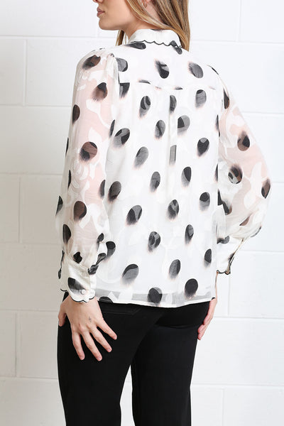Back view of Rant & Rave Posy white black spot print long sleeve blouse