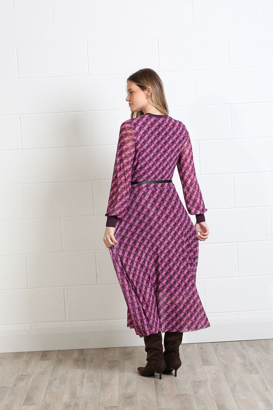 Back view of Rant & Rave Lillian burgundy and pink long sleeve midi dress
