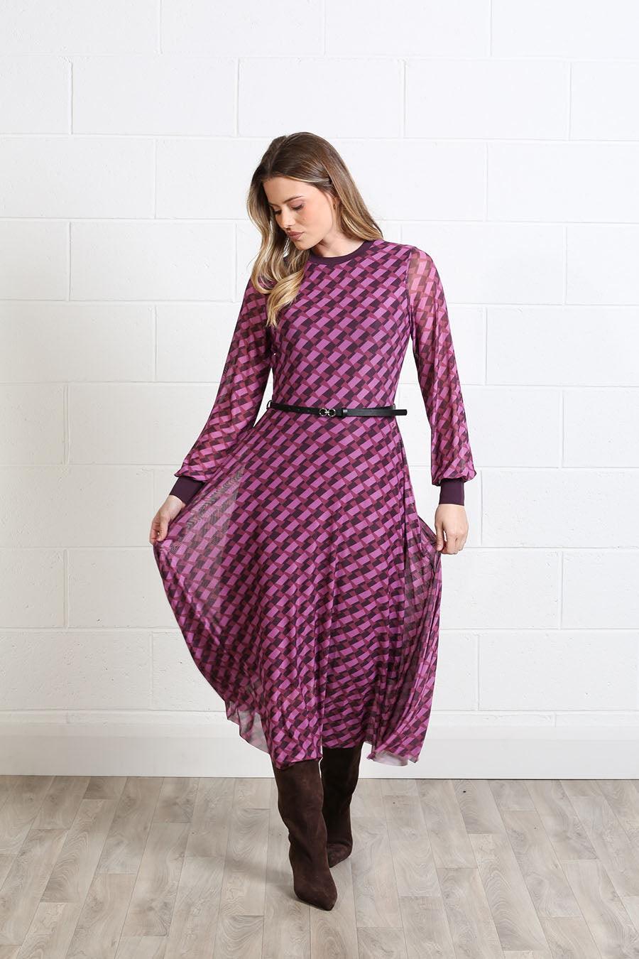 Rant & Rave Lillian burgundy and pink geo print belted midi dress front view