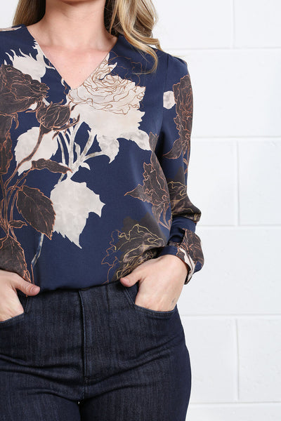 Close-up of Rant & Rave Mia navy cream and brown floral blouse