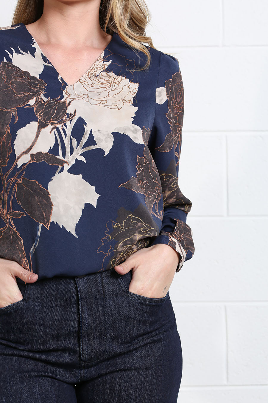 Close-up of Rant & Rave Mia navy cream and brown floral blouse