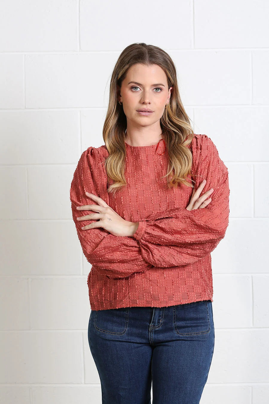 Rant & Rave Zeta terracotta textured top with statement puff sleeves