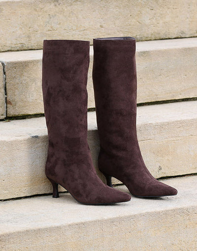 Rant & Rave Daisy chocolate brown pointed toe knee-high boots angled view