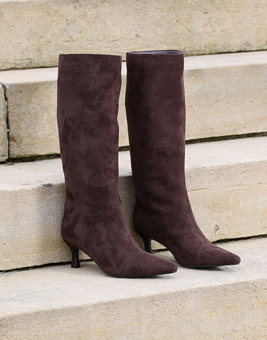 Rant & Rave Daisy chocolate brown pointed toe knee-high boots angled view