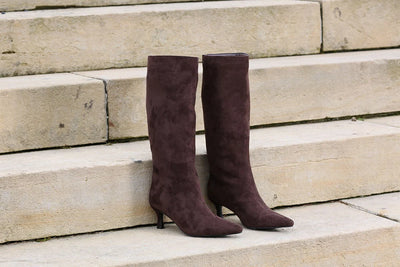 Rant & Rave Daisy chocolate brown knee-high heeled boots side view