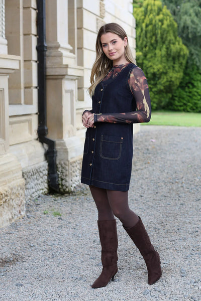 Rant & Rave Daisy chocolate brown knee-high boots styled with navy mini dress