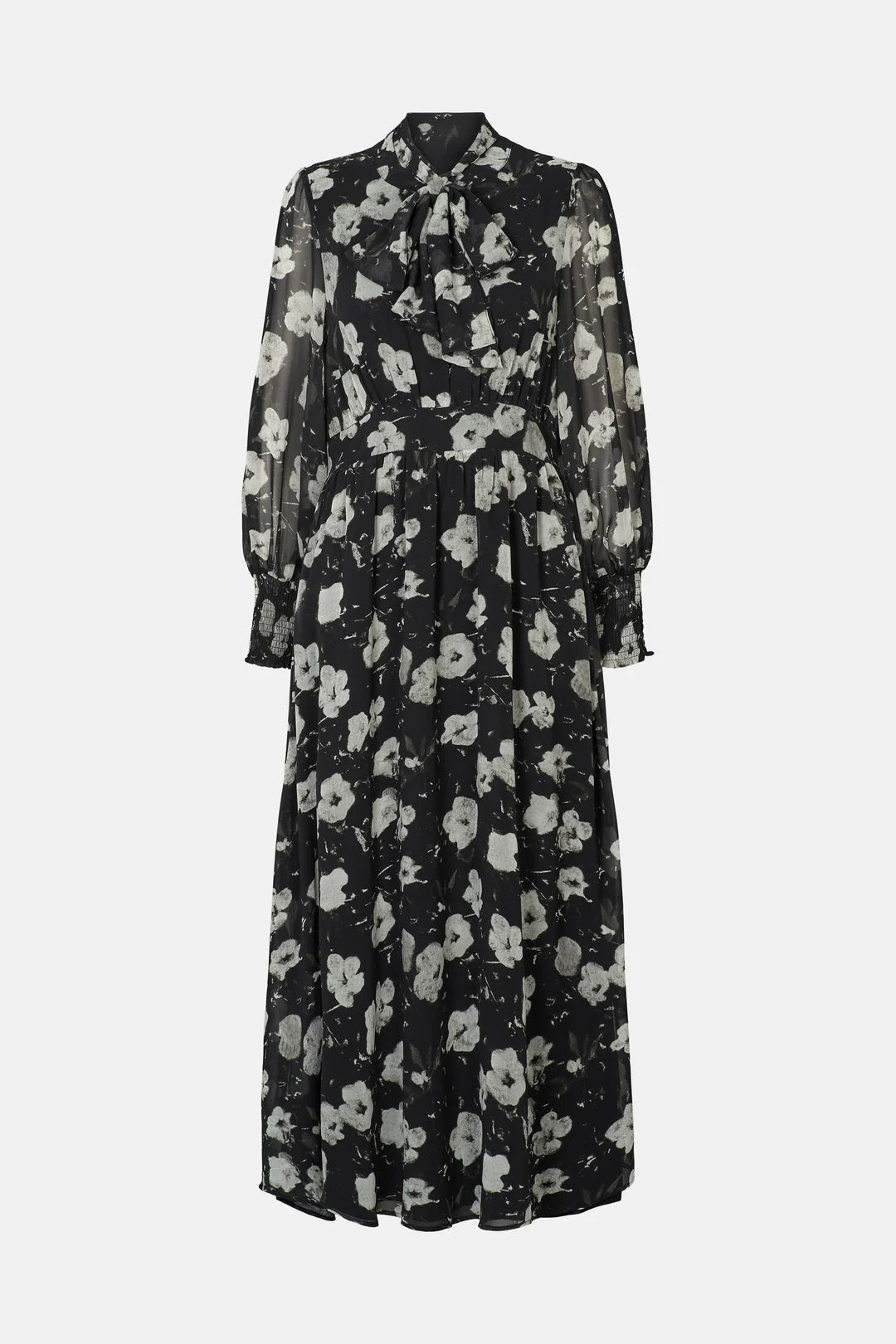 Rue de Femme Paxton black floral tie-neck midi occasion dress front view