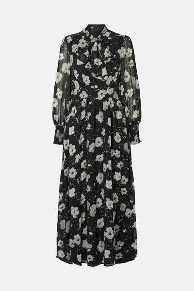Rue de Femme Paxton black floral tie-neck midi occasion dress front view