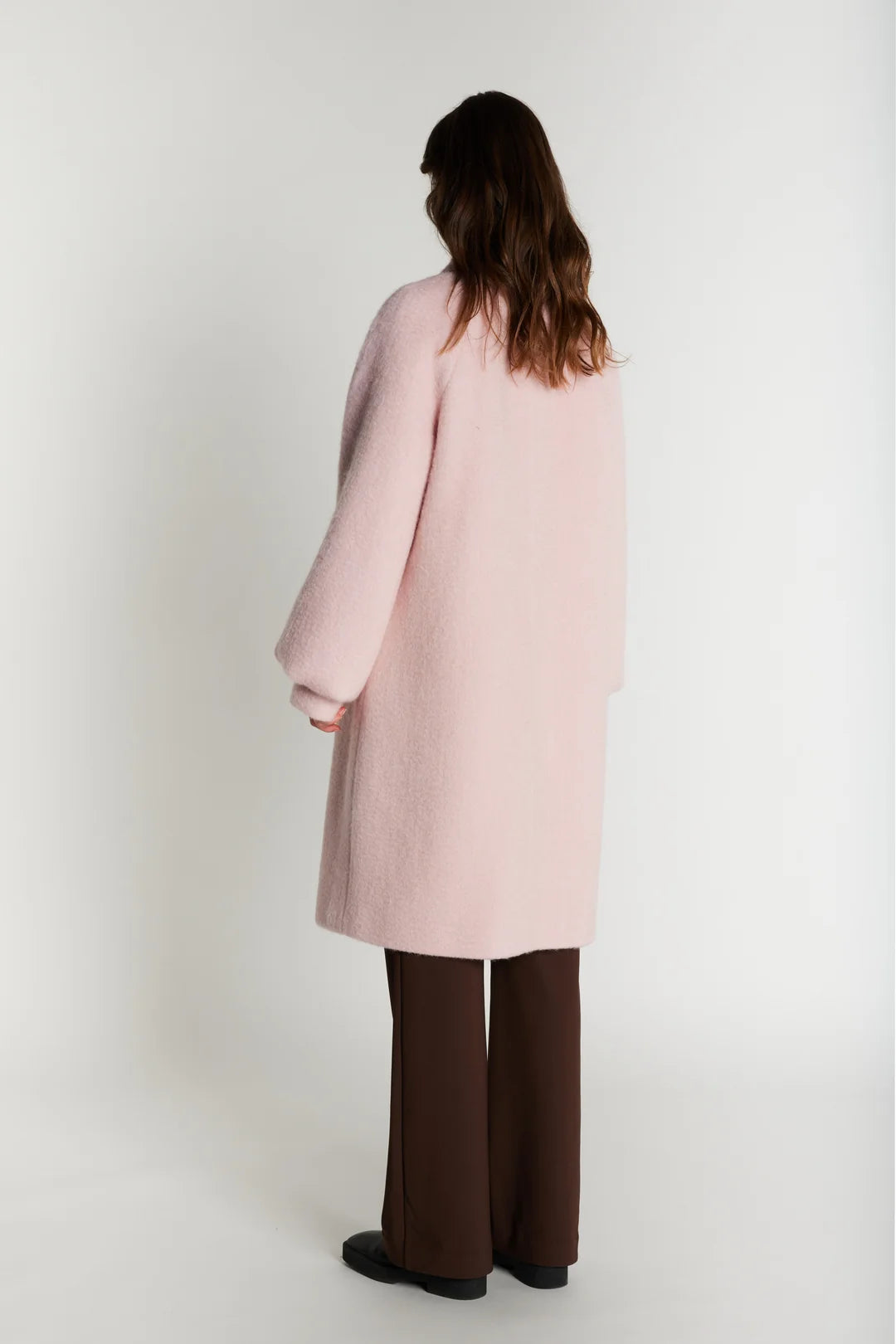 Back view of Rue de Femme Addison blush pink wool blend coat