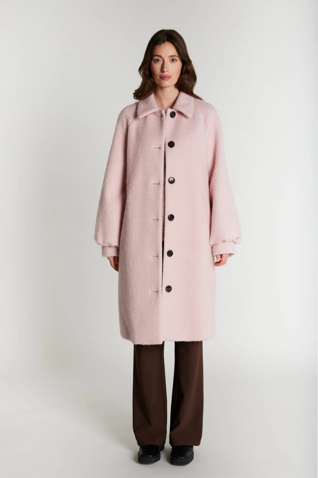 Rue de Femme Addison pink button-front coat full-length front view
