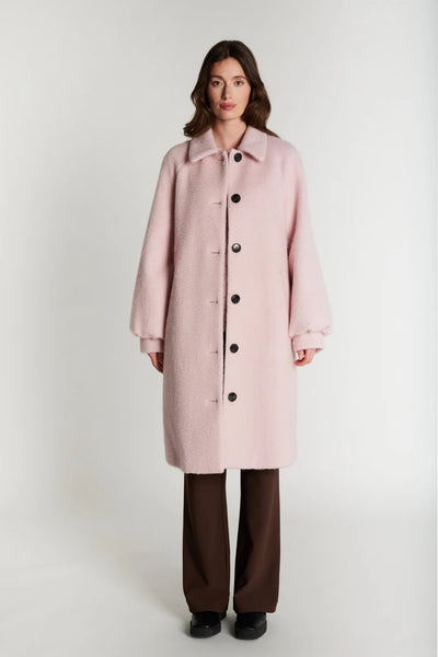 Rue de Femme Addison pink button-front coat full-length front view