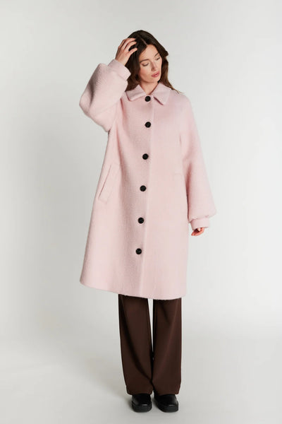 Rue de Femme Addison pink balloon sleeve coat three-quarter front view